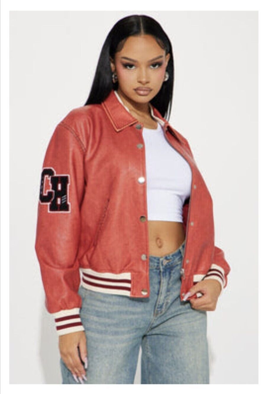 Fashion Nova Women's Cheer You On Varsity Bomber Jacket Red Plus 1x Curve [C03]